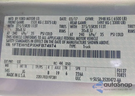 2017 Ford F-150 Xl из США, поврежденный, VIN 1FTEW1EPXHFB74974